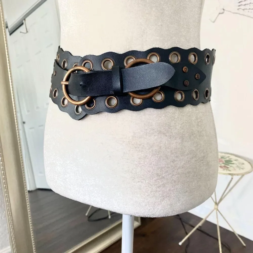 Chunky Wide Grommet Studded Waist Belt Black Faux Leather